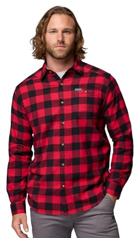 Columbia Mens Cornell Woods Flannel Long Sleeve Shirt, Mountain Red Buffalo Check, X-Large