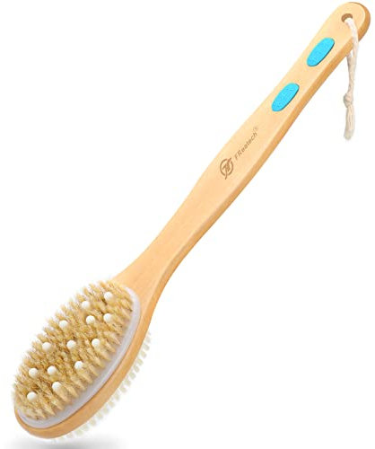 FREATECH Rückenbürste Duschbürste mit Langem Stiel und Massageknoten, Doppelseitige Badebürste Rückenschrubber Körperbürste Peelingbürste mit Weichen und Harten Borsten zum Nass- oder Trockenbürsten