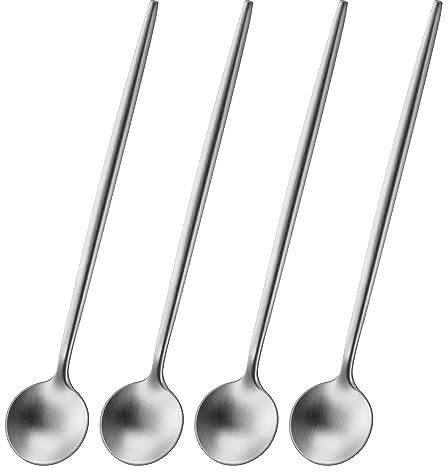 Lange Kaffeelöffel 17 cm Edelstahl 304 Silber, 4er Set Eislöffel Lang, Dessertlöffel Lang, Teelöffel Langer Stiel, Löffel für Latte Macchiato Gläser, Zuckerlöffel Matt Poliert, Extra Stabil