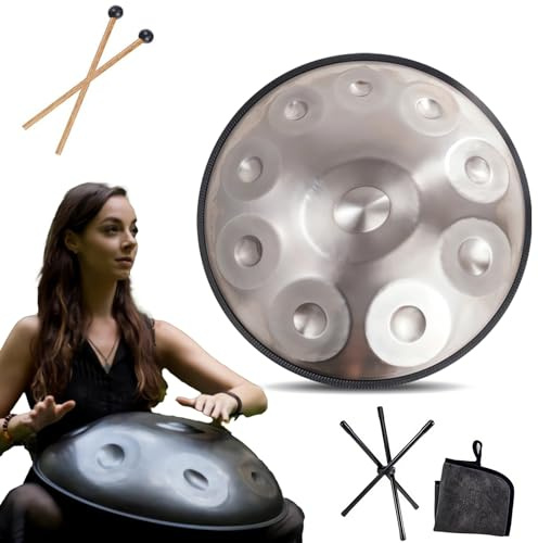 Handpan instrument - 432Hz/440Hz 9/10/12 Toners - 55cm Ståltungtrumma - Hand Pan Trumma med Trumhållare för Ljudläkning (Size : 432Hz, Color : SILVER_10 NOTES)