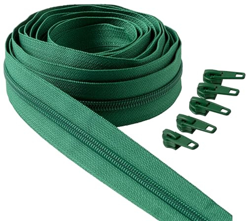 IPEA Fermeture éclair Vert Chaîne Continue de 5 Mètres + 15 Curseurs en Métal – Chaîne Mesure #5 – Made in Italy – Charnières en Nylon – Zip – Découpe pour Couture au Metre – Largeur 30 mm