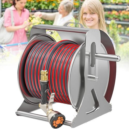 DPQYJPP Soporte de Pared para Carrete de Manguera de jardín de Alta Resistencia, carretes de Manguera, Soportes para Manguera de Agua para Exteriores, Caja de Carrete de Manguera,Rack+20mHose