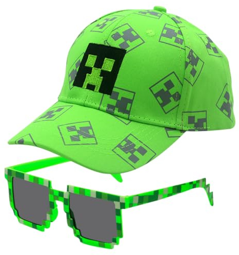 Minnecrafft Gorra de Béisbol Niño, 2PCS Minnecrafft Gorra y Gafas de Sol Sombrero de Sol Sombrero de Playa de Protección Solar Dibujos Animados Gorra Ajustable Gorra de Béisbol para Niños 2-8 Años