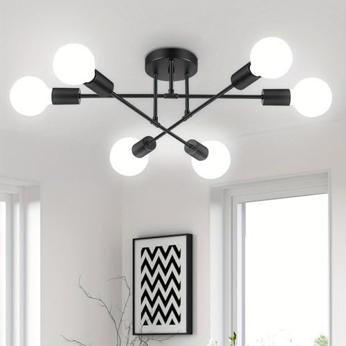 Chandelier Sputnik Ceiling Light, 6 Lights E27 Black Modern Chandelier, Semi-Flush Mount Ceiling Lamp Vintage Ceiling Lighting for Living Room, Bedroom, Dining Room, Kitchen(no shade no bulb)