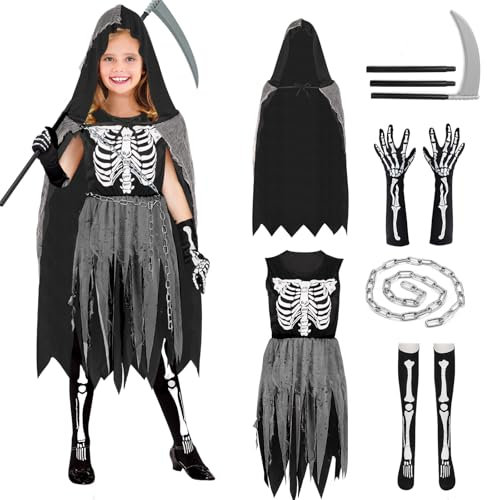 Halloween Deguisement Faucheuse Filles Enfant Costume Faucheuse 9 11 ans avec Cape Faucheuse Noire Robe Deguisement Squelette Gants Chaussettes Faucille Déguisement Faucheur Enfant Grim Reaper Costume