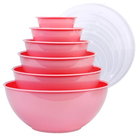 BoxedHome BPA Free Plastic Round Mixing Bowl with Lids, 12 Pack Nesting Bowls with Lids Set, Microwave and Dishwasher Safe Prep & Serving Bowls Great for Mixing, Baking, Serving (Pink, 12pcs)