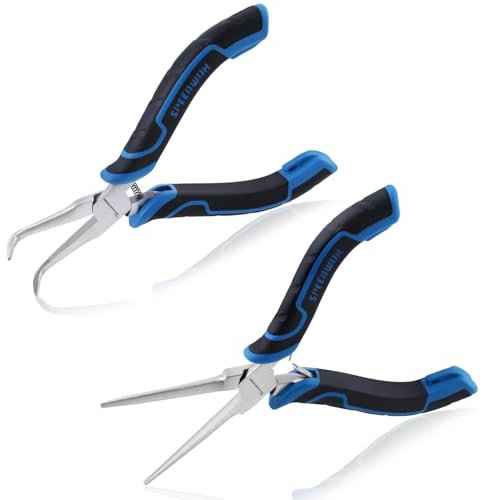SPEEDWOX Set di 2 mini pinze ad ago con becco liscio e piegato, con ganascia seghettata, pinze ad ago angolato per la creazione di gioielli, pinze per la rimozione dell'ago, pinza da pesca