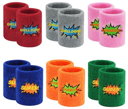 RETON 12 st färgglada sport svettband armband, bomull armband svett med broderi design för unisex, elastisk basket fotboll fotboll tennis armband för kvinnor män barn (6 par)