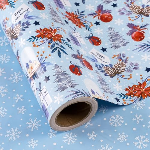 RUSPEPA Papel De Regalo Navideño Reversible - Mini Rollo - 43,2 Cm X 10 M - Papel De Regalo Rojo Y Azul Con Bolas De Nieve, Flores De Pascua Y Copos De Nieve Para Y Fiestas.
