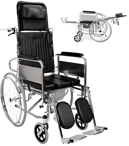 Silla de ruedas reclinable completa con inodoro | Silla de ruedas ligera y cómoda con respaldo alto para adultos | para discapacitados y ancianos uso al aire libre