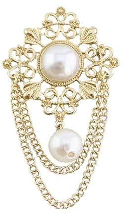 Broche Vintage Redonda Flor Filigrana Perla con Cadena de Borlas, Broches de Estilo Barroco para Mujer, Elegante Broche de Flor Hueca Dorada, Accesorio de Joyería para Frac