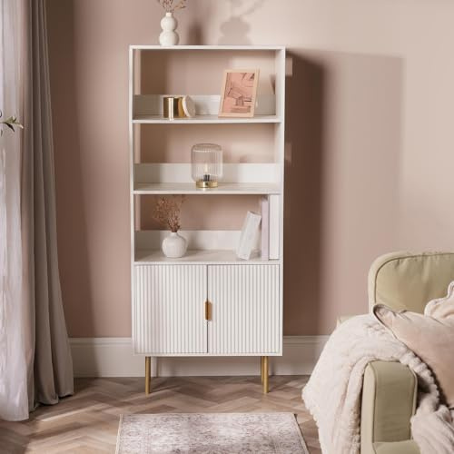 OHS Ribbed Display Cabinets with 2 Doors and 3 Open Shelves 4 Tier Wooden Tall Book Shelf Free Standing Shelving Unit Bookcase Display Shelf for Living Room Office, Cream - 60 x 30 x 130cm