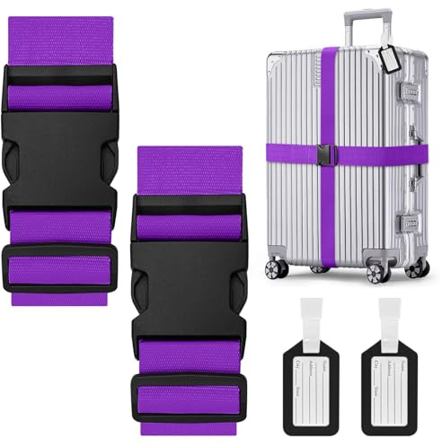 Aulese 2 Pièces Sangle Valise Voyage, Réglable Sangles à Bagage avec Étiquette, Accessoire de Voyage pour Valise, Ceinture Sécurisée (Violet)