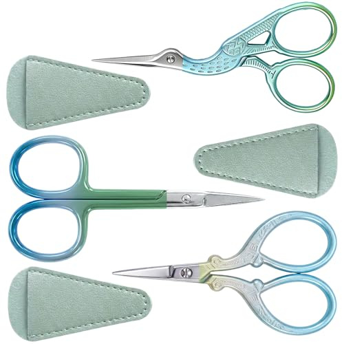 3 Pcs Embroidery Scissors, Stainless Steel Small Sewing Scissors with 3 Leather Protective Case, Craft Crochet Scissors for Needlework, Thread Cutting, Handicrafts - Blue-Green Gradient