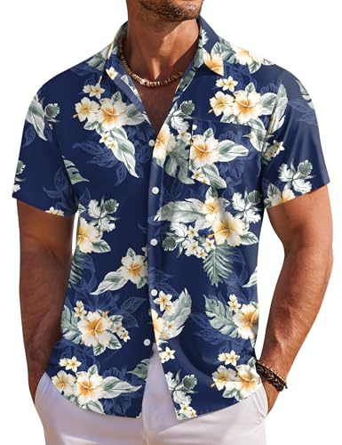 COOFANDY Hawaiianska skjortor för män kortärmad sommartröjor för män tropisk semester strandskjorta med framficka, Blå gul blomma, L