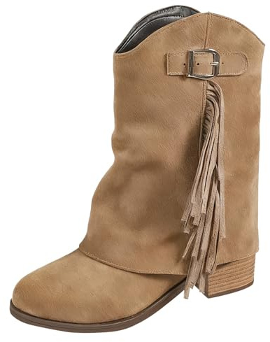 Cowboystövlar dam med fransar stövlar blockklack spets med spänne | Västerländska stövlar dam mocka retro brett skaft halvstövlar mode slip-stövlar bekväma cowboystövlar lätta övergångsstövlar