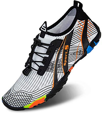 Water Shoes Womens Mens Aqua Beach Swim Shoes Quick Drying Barefoot Shoes for Swimming Pool Boating Surfing Diving Yoga(934-White Orange,13UK)
