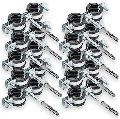 10 x collier double pour tuyaux + 10 x chevilles + 10 x tire-fonds – kit de fixation facile pour tuyauterie – pour installations sanitaires et de chauffage – 1 32-37mm