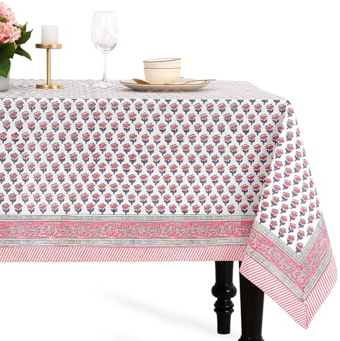 CPC Tablecloth 100% Cotton 60x60 Inch Indian Block Print Square Table Cover, Table Cloth for Weddings, Spring/Summer, Barbeque - Pink Sapphire