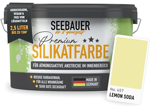 SEEBAUER diy Silikatfarbe Gelb 2,5L für Innen (No. 457 Lemon Soda) Atmungsaktive Mineralfarbe für Allergiker - Abwaschbare Wandfarbe - Gelbtöne hohe Deckkraft