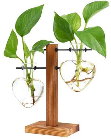 XXXFLOWER Plant Pots Wooden Stand, Plant Terrarium Propagation Station Desktop Hydroponic Planter Glass Vase for Home Garden Office Decoration, Plant Lover Gifts - 2 Love Bulb Vase Plant Accessories