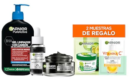Garnier Pure Active Pack rutina Anti Imperfecciones, Gel Limpiador Anti Puntos Negros 250 ml, Serum Anti-Imperfecciones con 4% de Niacinamida, Crema Hidratante Matificante con AHA+BHA y Carbón