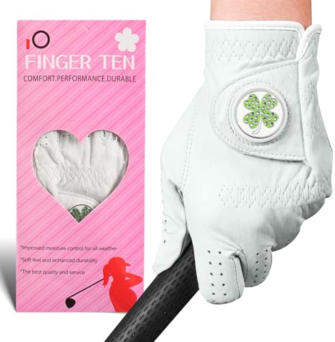 FINGER TEN Golf Gloves Women All Premium Cabretta Leather 1 Pack, Soft Comfortable & Breathable Grip Glove with Ball Marker Left Hand for Right Handed Golfer (Lucky Clover, Small (Worn On Left Hand))