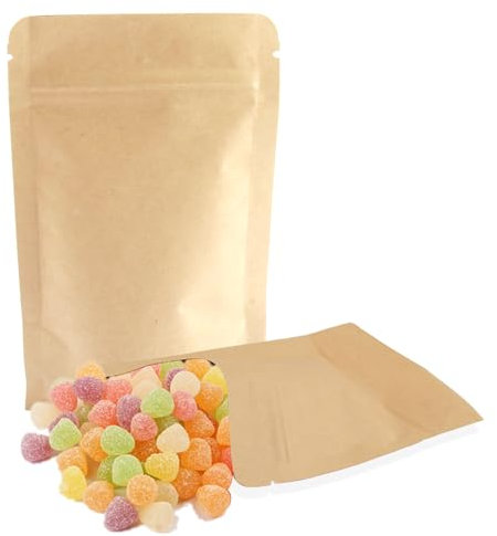 50 Pezzi Sacchetti con Chiusura di Kraft Carta Zip e Rivestimento in Mylar – Ideali per Imballaggio Alimentare per Chicco di caffè Foglia, Biscotti, Tee (9 x 14 cm)