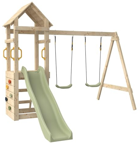 Aire de Jeux GESSETTE avec Toit - Plateforme - échelle - Mur d'escalade - 2 balançoires - Toboggan h210 cm