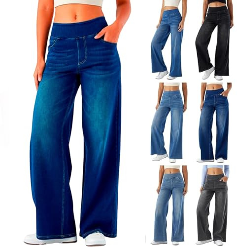 Pantalones Vaqueros Deportivos para Mujer, Pantalones Vaqueros Holgados y elásticos para Mujer, Pantalones Vaqueros de Cintura Alta, elásticos, de Pierna Ancha y con Bolsillos.