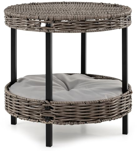 GYMAX Rattan Cat Nest, 2-tier Wicker Elevated Cats House with Washable Soft Cushion, Indoor Outdoor Kitten Bed Footstool Side Table, 38 x 38 x 38 cm