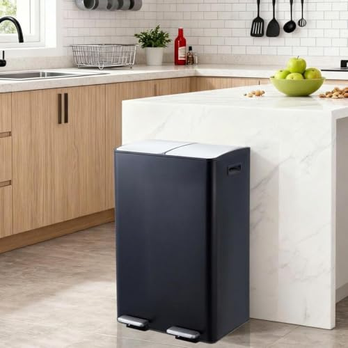 IDEALHOUSE 2 x 8 Gallon Kitchen Trash Can with Lid, Dual Compartment Stainless Steel Garbage Bin with Separate Pedals and Removable Plastic Inner Buckets for Recycling and Waste, Black