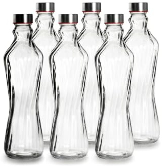Set de 6 Botellas de vidrio de cristal de 1 Litro con Tapón de Rosca | Botellas Reutilizables para Agua, Zumos y Bebidas | Diseño Elegante para Puerta de Frigorífico