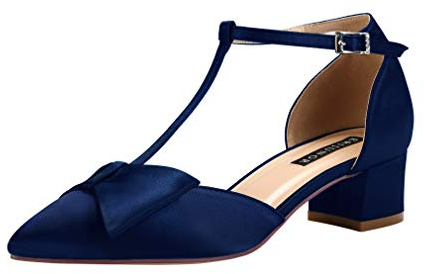 ERIJUNOR E0079 Bow Shoes Comfortable Chunky Low Heels for Women Pointy Toe T-Strap Evening Wedding Satin Shoes Navy Size 11