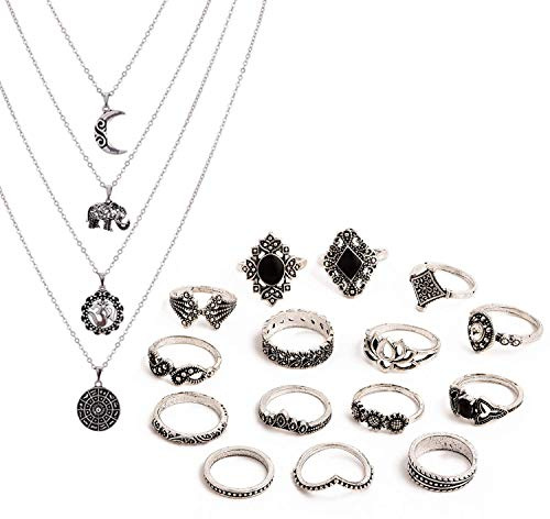 TOPWAYS® Boho Style Vintage Punk Necklace Rings Party Jewelry Sets, including Multi layer Long Necklace and Women Joint Knuckle Retro Ring Set Plated Silver 15PCS (15 pcs black set)