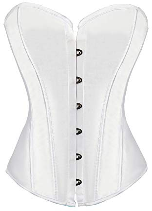 RHISLEO Women Satin Plain Pure Black Bustier Top Burlesque Basque Shaper Boned Corset (White, 12)