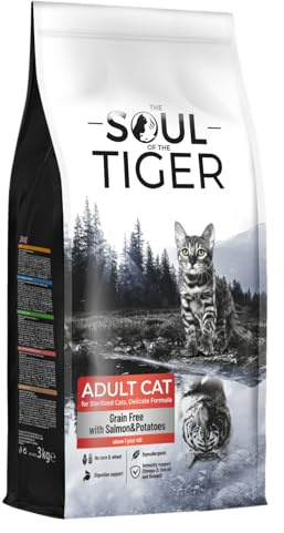 The Soul of the Tiger – Premium Grain Free Dry Cat Food for Neutered / Sterilised Adult Cats with Salmon and Potatoes, Delicate Formula, 3 kg