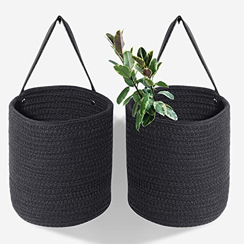 2pcs of Black Hemp Rope Hanging Basket-10.6 x 5.5 Hanging Woven Wall Basket Set with Leather Handles,Wall Mounted Woven Hanging Basket Storage,Shelf Basket Organizer for Plants