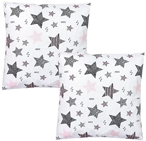 TupTam Kinder Kissenbezug Dekorativ Gemustert mit Hotelverschluss 2er Set, Farbe: Sterne Rosa/Schwarz, Größe: 40 x 40 cm
