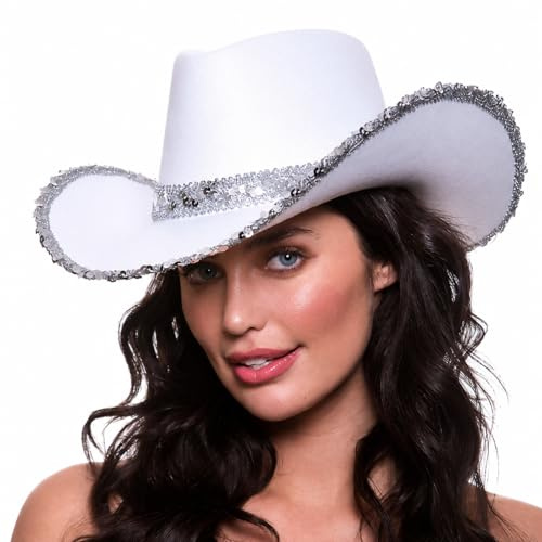 Wicked Costumes White Sequin Cowboy Hat – Adult Western Texan Fancy Dress Party Accessory for Festivals, Hen Parties, Concerts & Disco Cowgirl Outfits