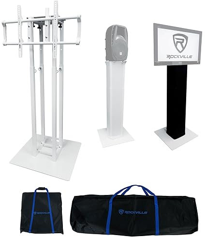 Rockville RTP33-TV Pro White Totem Stand 220 lbs DJ Speaker/Lighting/TV Mount, Detachable TV Mount, Adjustable 39-69 inch Height, Black/White Scrims, for DJs and Event Planners