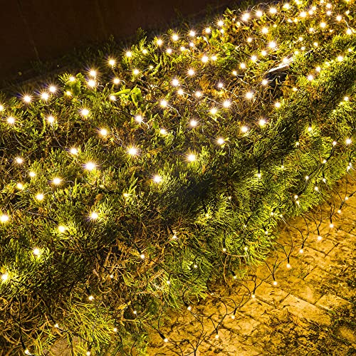 Dazzle Bright Christmas Net Lights, 360 LED 12FT x 5 FT Green Wire Waterproof Connectable Lights with 8 Modes, Christmas Outdoor Light for Bushes Garden Party Wedding Holiday Decoration (Warm White)