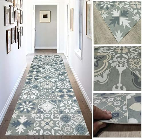 Tadi & Imperio1979 Tapis en Vinyle hydraulique, en Carreaux Verts avec Bleu, Or et Argent, pour Salon, Cuisine, Chambre ou Moquette, Article 862
