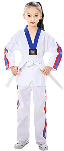 Amur Leopard Uniforme de Taekwondo Niñas con Cinturón Traje de Taekwondo Profesional para Karate Judo Entrenamiento, Cuello Azul, 120/6-7 Años