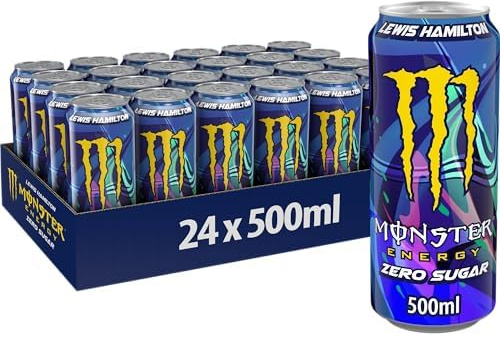 Monster Energy LH44 Lewis Hamilton– 24 Lattine da 500 ml, Energy Drink Zero Zuccheri con Caffeina, L-carnitina, Bevanda Energetica dal Gusto Morbido di Pesca, Vegan