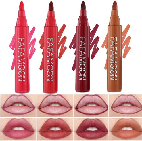 Bekoeen 4Pcs Lip Stain Lip Liner,Matte Non Staining Lip Stain Tint,Non Fading Lip Liner,Vivid Color Precise Chisel Tip Marker,Long Lasting Makeup Lip Stains,Gift for Women