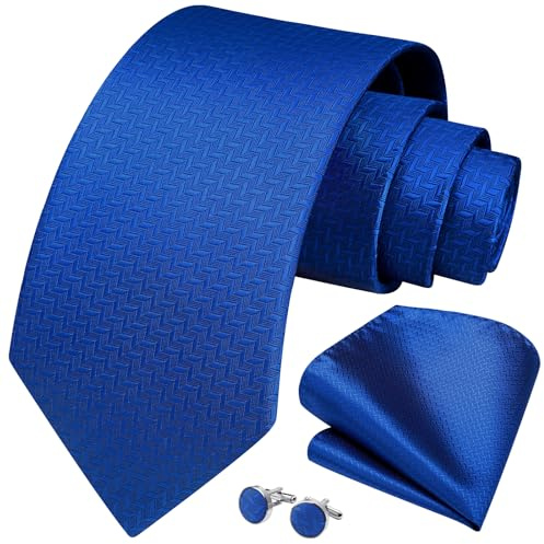 HISDERN Hommes Bleu Cravate Mariage Soie Tressée Cravate Poche Carré Boutons de Manchette Set