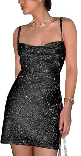 AOWVUTS Damen Sexy Partykleid Wickelkleid Glitzer Minikleider Bodycon Ohne Ärmel Spaghettiträger Rückenfreies Neckholder Elegant Kurz Eng Club Cocktailkleid