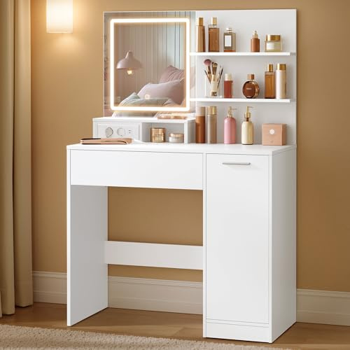 VASAGLE Kailyn Collection - Coiffeuse avec Miroir LED, avec Multiprise, Compartiment avec 2 Étagères Réglables, 1 Tiroir, 2 Étagères, Coin Beauté, Moderne, Blanc RDT138W01