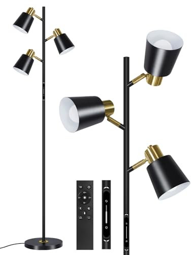 OUTON LED Tree Floor Lamp, Modern Dimmable Standing Lamp with Remote & Touch Control, 4 Color Temperatures, 3 Rotatable Lights Floor Lamps for Living Room, Bedroom, Office, Black